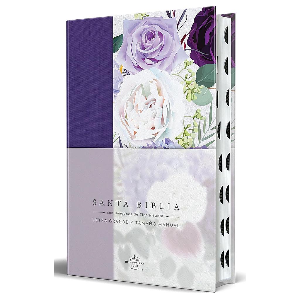 Santa Biblia RVR1960 tapa dura y tela morada con flores
