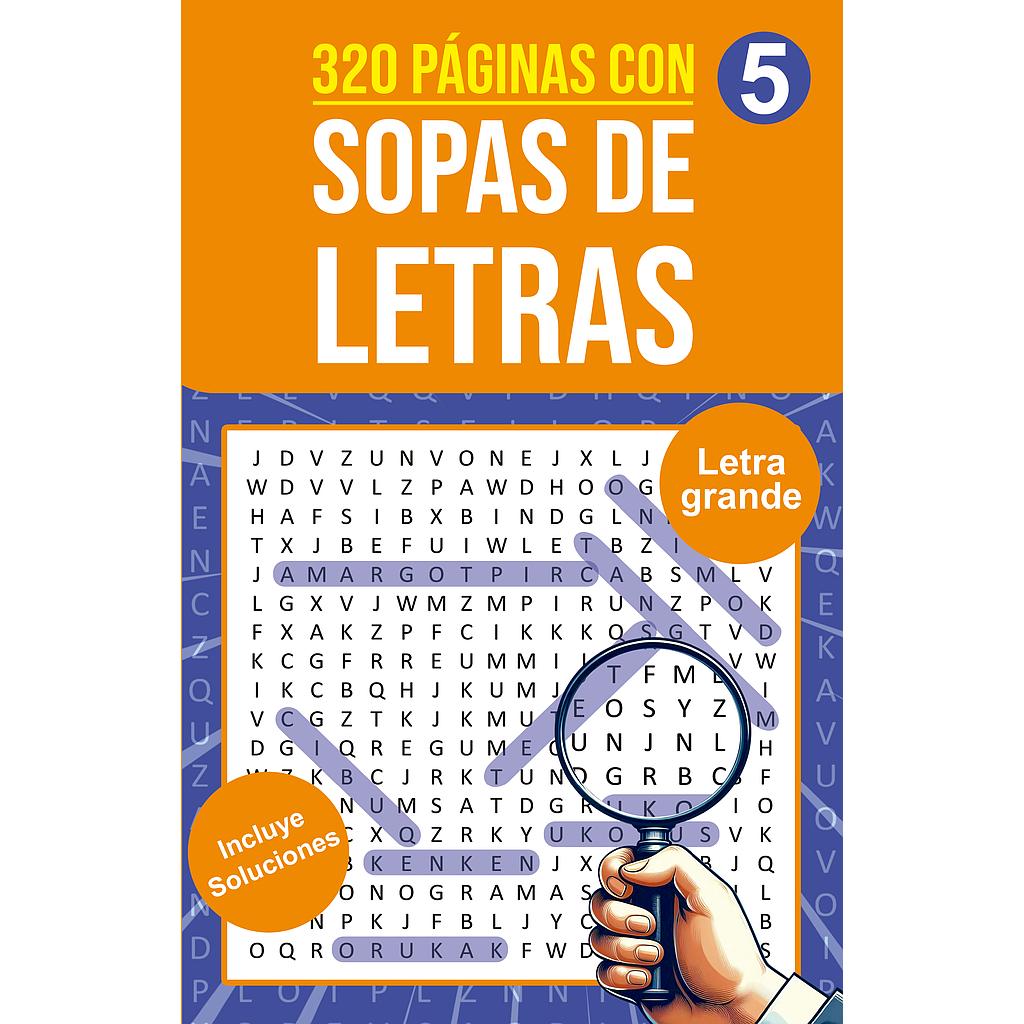 Sopas de letras 5 portada amarilla con lupa