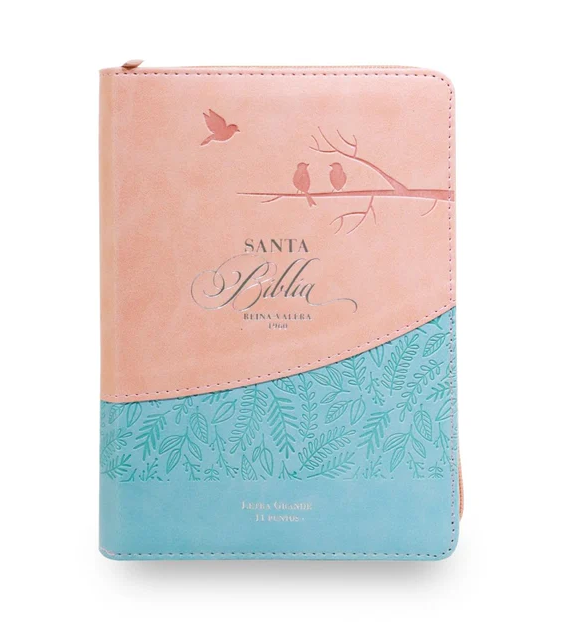 Biblia RVR60 tamaño portatil, letra grande con cierre rosa y azul